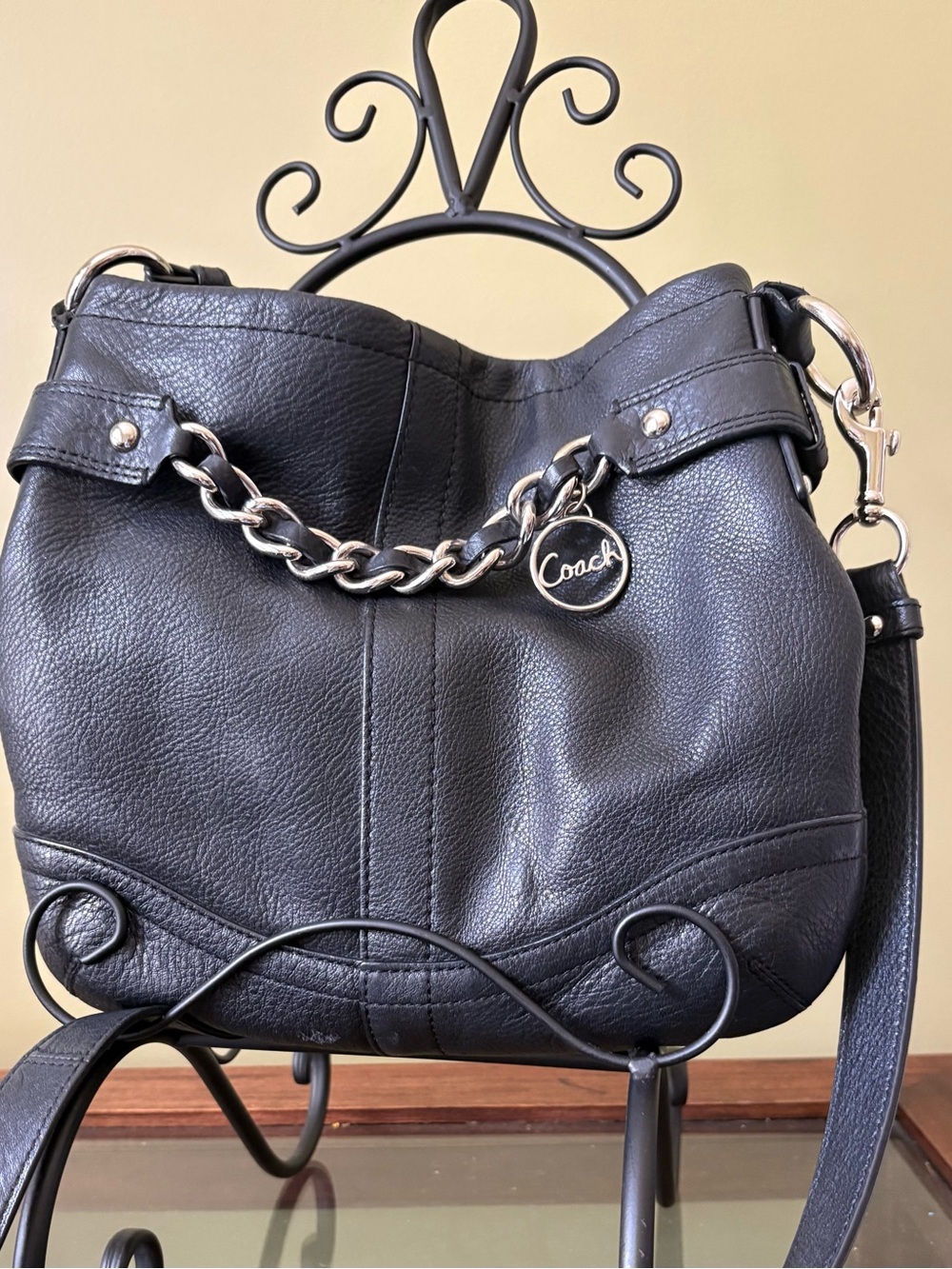 Coach Black Pebbled Leather Shoulder Bag with Chain Charm